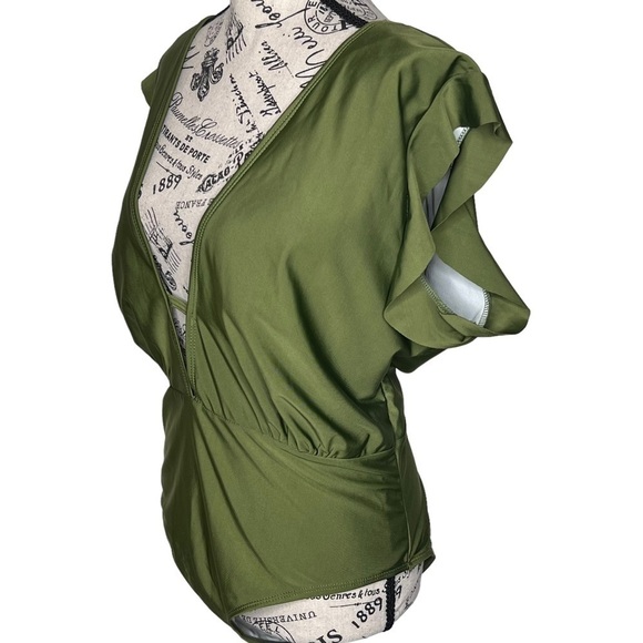 Olive Green One Piece Swim Suit Size 3X Plunging V-Neck Open Back Flutter Sleeve - Picture 5 of 16